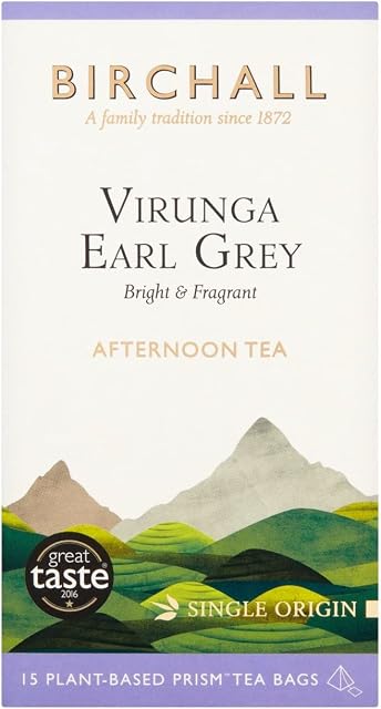 Birchall Tea Bags, Virunga Earl Grey Tea, Afternoon Black Tea Bursting with Full Flavour, Perfect Vegan Gifts, 15 Plant-Based Prism Tea Bags