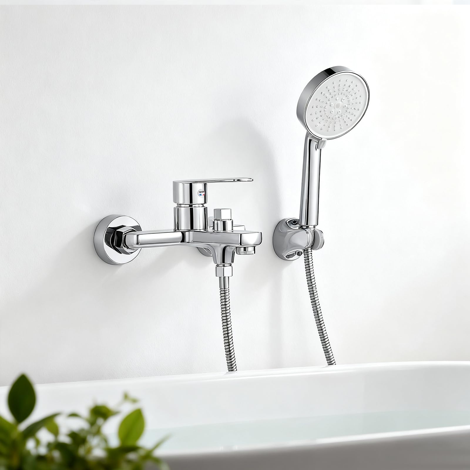 Mitigeur de Baignoire Robinet de Baignoire Laiton Mitigeur Bain avec Bouton Central Rotatif avec Douchette 5 Jets,Robinet de Bain Mitigeur de Bain Robinet de Douche Mural pour Salle de Bain(Chromé-Z)