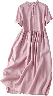 Linen Dress Women 2025 Short Sleeve Button Shirt Dress Party Lapel Casual Beach Vacation Maxi Dresses