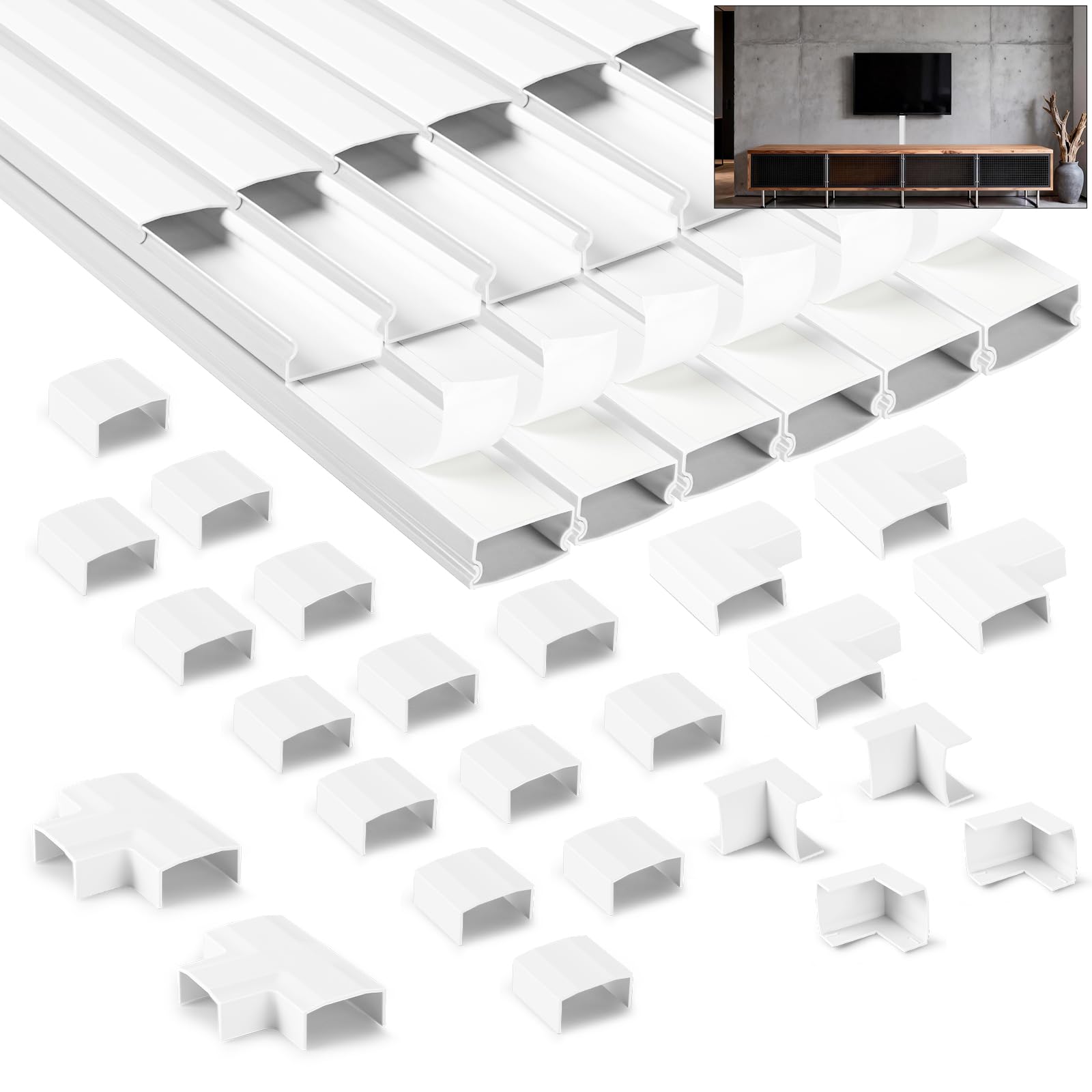 NUTKIT 4.8m Cable Trunking Kit, White Wire-trunking for Electric-cables, Cable Cover for Cord, Self Adhesive Trunking for TV cables, Cable Tidy Management to Hide Wires On Wall- 12X L400mm,W25mm H13mm