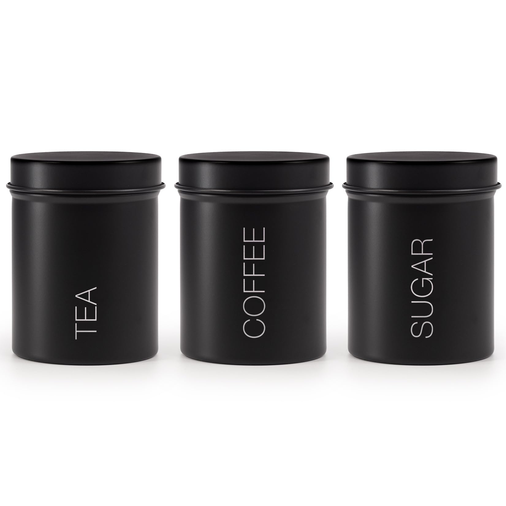 EHCSet of 3 Airtight Tea, Coffee, and Sugar Canisters, Set of 3 Airtight Food Storage Easy to Open Storage Canisters Jars Tin, Black, 9 x 12.5 cm