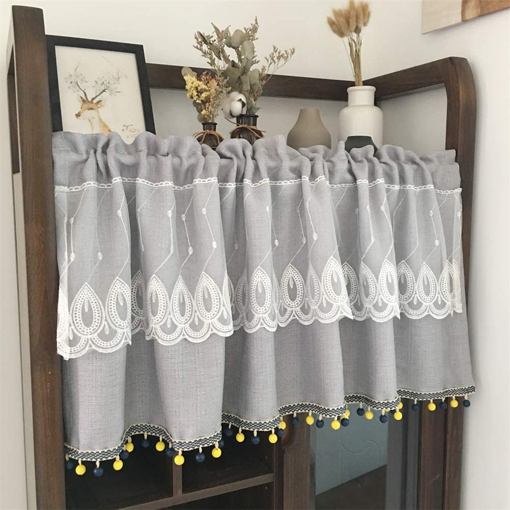 Cantonnière voile pour petite fenêtre cuisine : rideau court gris brodé à tringle
