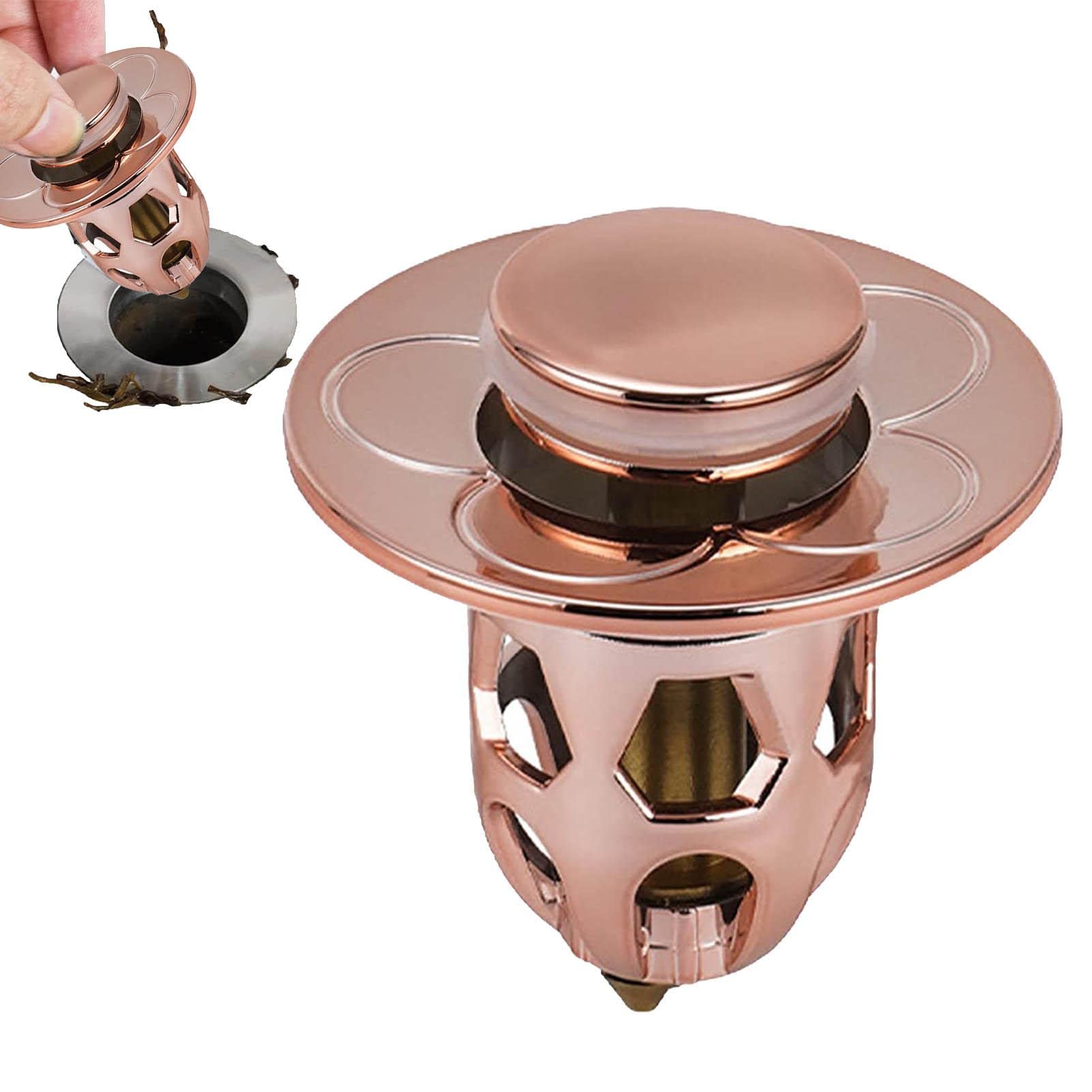 Yeeda Rose Gold Universal Basin Drain With Drain Fitting, Stainless Steel Bounce Drain Filter For 1.1 - 1.5 Inch Drain, Pop-Up Drain Plug, Ball Core Flush Stopper With Anti-Clog Strainer For Sinks