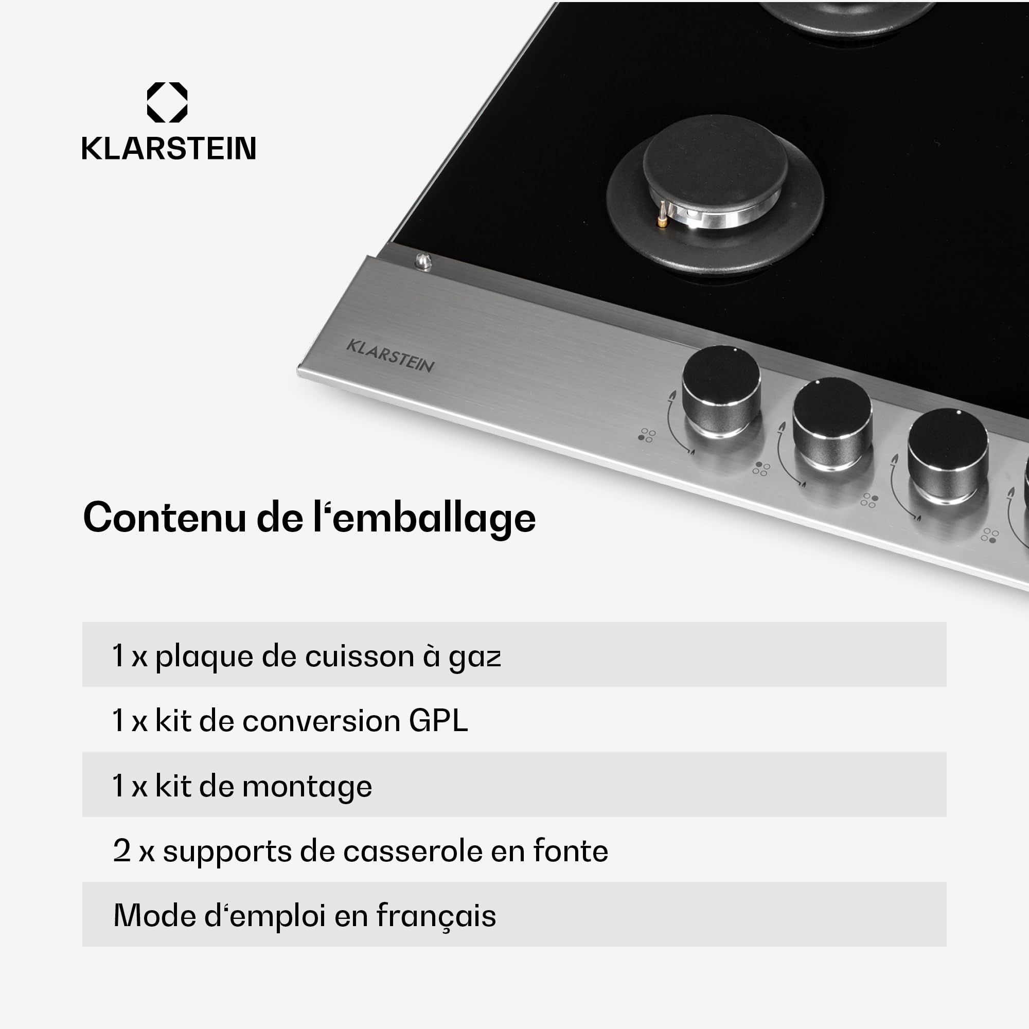 Klarstein Plaque de Cuisson Gaz 4 Feux, Table de Cuisson à Gaz 4 Brûleurs, Plaque 8.0 kW, Piano Cuisine en Acier Inoxydable, de Encastrable, a Cuisine Inox