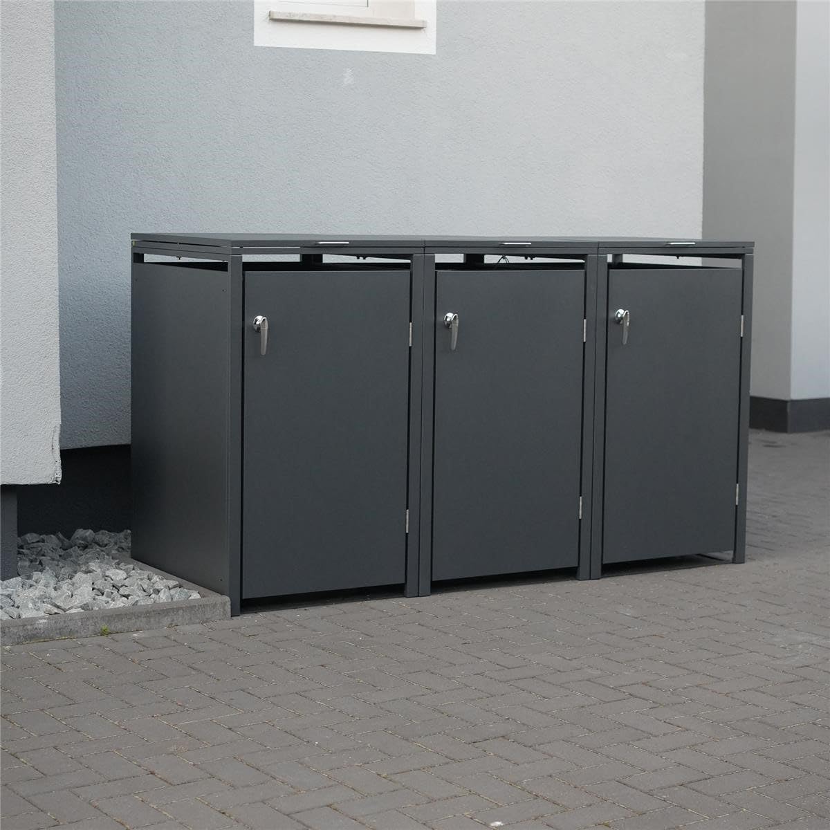 Metzler Mülltonnenbox 3er 240L aus massivem und pulverbeschichtetem Stahl in Anthrazit | Mülltonnenverkleidung für 3 Tonnen | Abfallbehälter Verkleidung | abschließbar | Müllbox | Tonnenhaus
