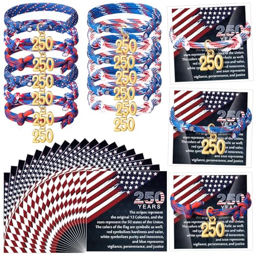 Liliful 75 Sets 250th Anniversary Bracelets Bulk 1776-2026 Independence Day Patriotic Bracelets American Flag 4th of July Veterans Gifts with Inspirational Card for Women Men Party Favors (250 Years) by Liliful - Used condition - US$8.90