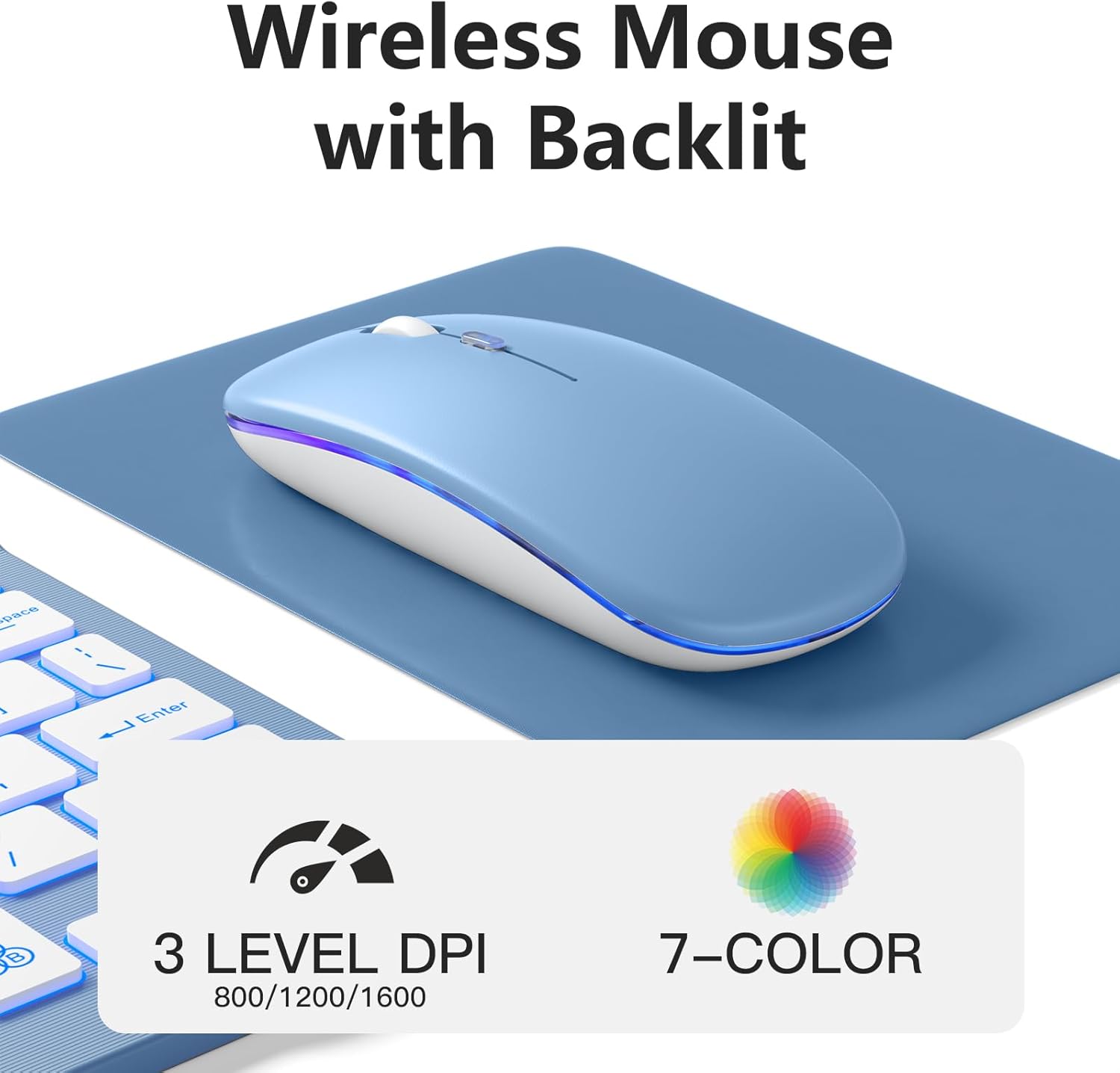 Hamile Bluetooth Keyboard and Mouse for iPad - Rechargeable Wireless Keyboard for iPad 11th/10th/9th Gen, Pro/Air/Mini, iPhone, Ultra-Slim Tablet Keyboard and Mouse with 7-Color Backlit, Blue