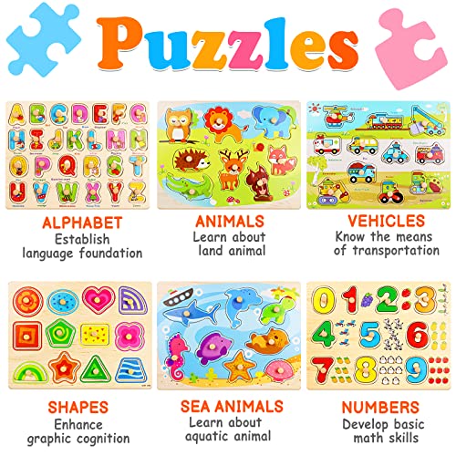 Puzzles for Kids Age 2-4 with Rack and Wooden Clock, 6 Pack Wooden Peg Puzzles for Toddlers with Storage Holder Rack, Educational Toys - Alphabet Number Animal Vehicle Shape