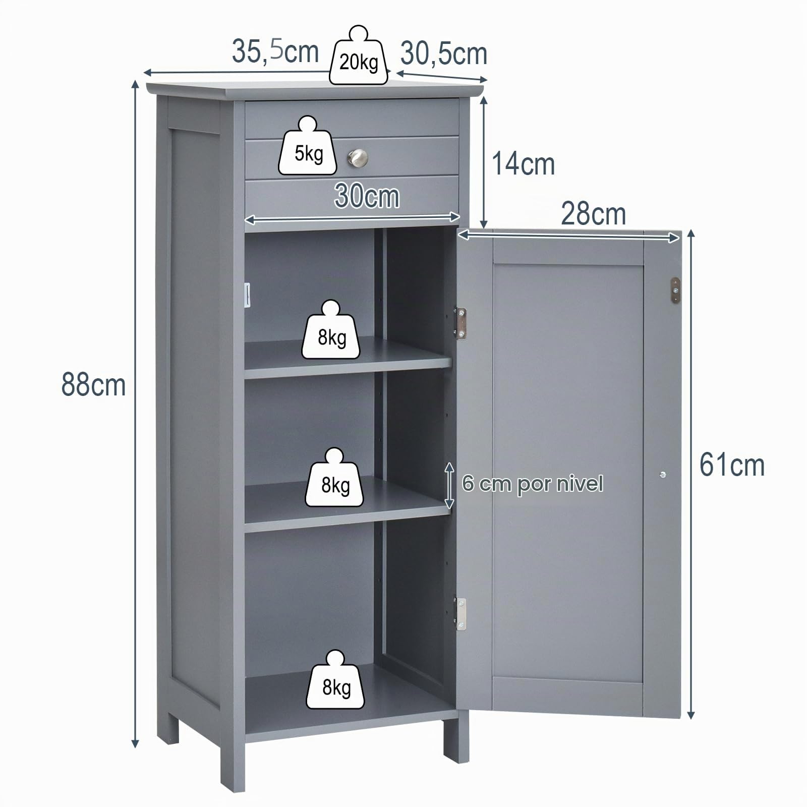 LIFEZEAL Mueble de baño Independiente, Armario Suelo de MDF con cajón y estantes Ajustables, 35,5 x 30,5 x 88cm, Mueble Organizador para salón, Cocina y Pasillo (Gris)