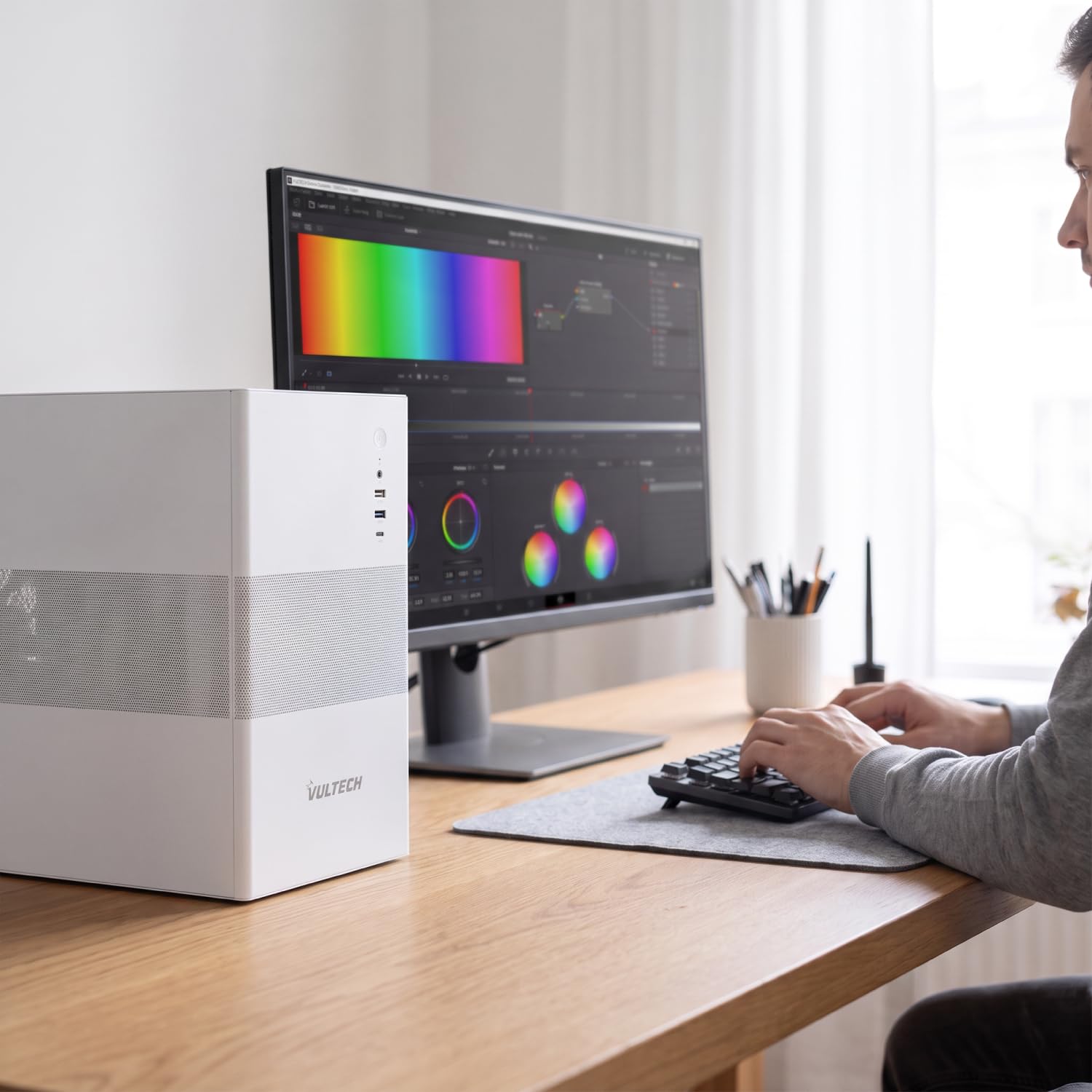 VulTech VCO-M1759-B Boîtier PC Micro-ATX en Acier SPCC, USB-C, USB 3.0 et USB 2.0, Ventilateur 120 mm Inclus, Support GPU 270 mm, sans Alimentation, Blanc