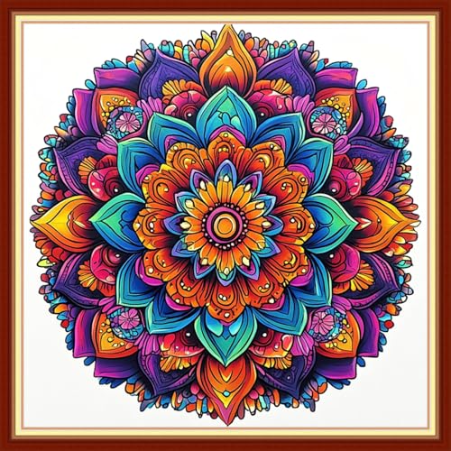 Image of Redxing Stamped Cross Stitch Kits Embroidery kit for Beginners Adults Full Range of Embroidery Patterns Starter Kits DIY Printed Cross Stitch Kits Needlepoint Kits 11CT-Colorful Mandala 18x18 inchs