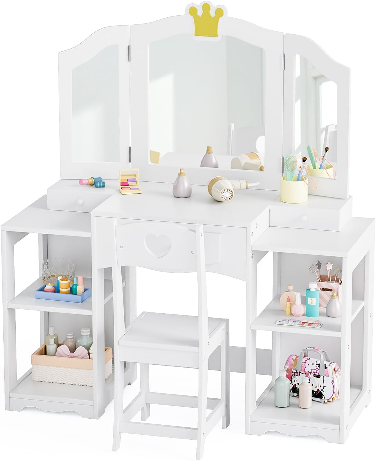 JOYMOR Kids Vanity Table and Chair Set with Tri-Fold Mirror, Extra-Wide Kids Vanity Set, Princess Dressing Table with Stool for Girls Ages 3-8 (White)