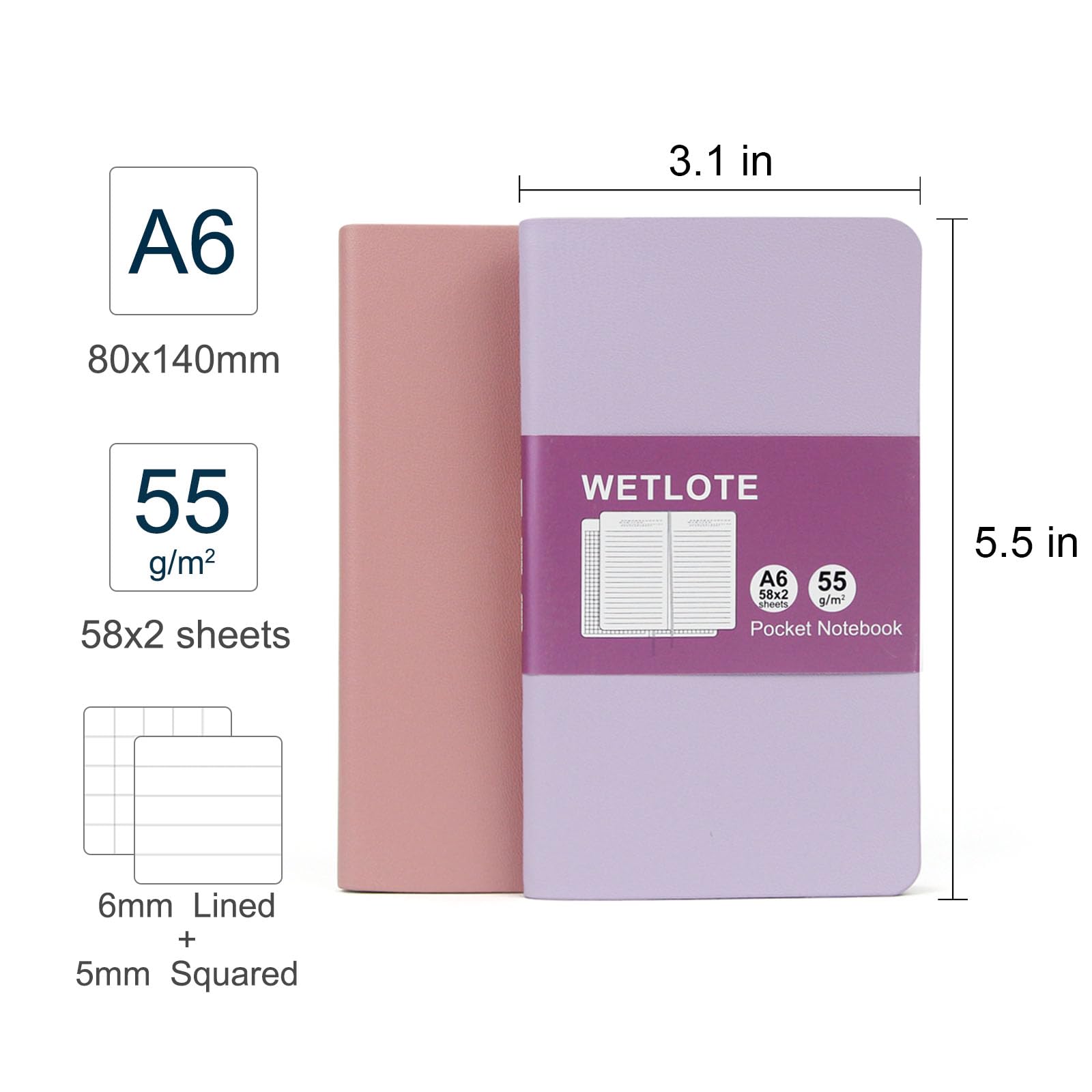 WETLOTE Copertina per notebook tascabile, confezione da 2 quaderni piccoli (7,9 x 14,9 cm, con pagine a righe e a griglia, carta ultra portatile, design sottile e morbido, per viaggi, ufficio, scuola,