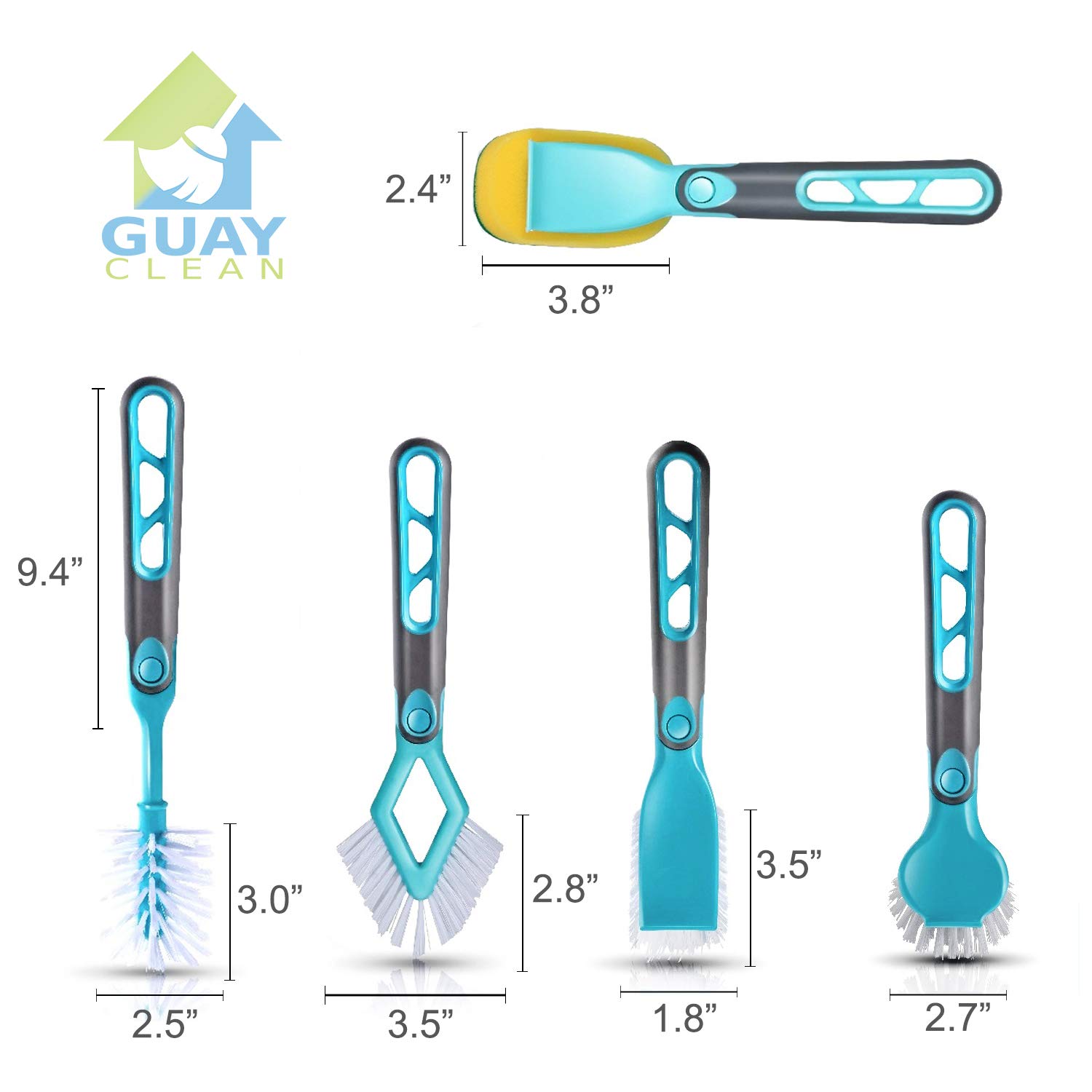 Guay Clean Kitchen Brush Kit - Reinigungsset mit Griff - Inklusive: Rechteckige Bürste Schwammbürste Rundbürste Flaschenbürste und Eckbürste - 5 Stück Multifunktions-Aufsätze - Grün
