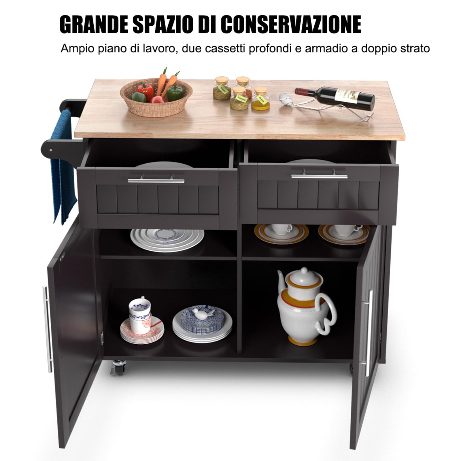 COSTWAY Carrello da Cucina, Isola da Cucina con Cassetti Portaoggetti e Armadietti, Ruote Universali e Portasciugamani, Ideale per Casa Ristorante Bar (Marrone)