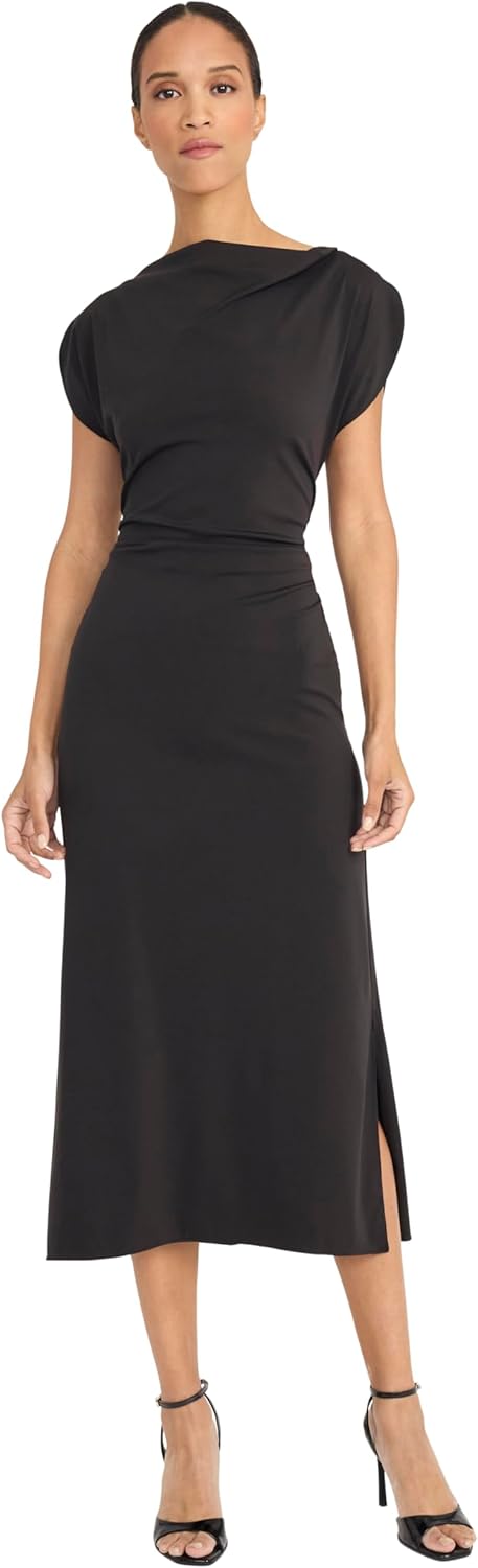 Maggy London Women's Midi Sheath Dress with Boat Neckline Cap Sleeves Ruched Waist Detail Side Slit Techno Jersey
