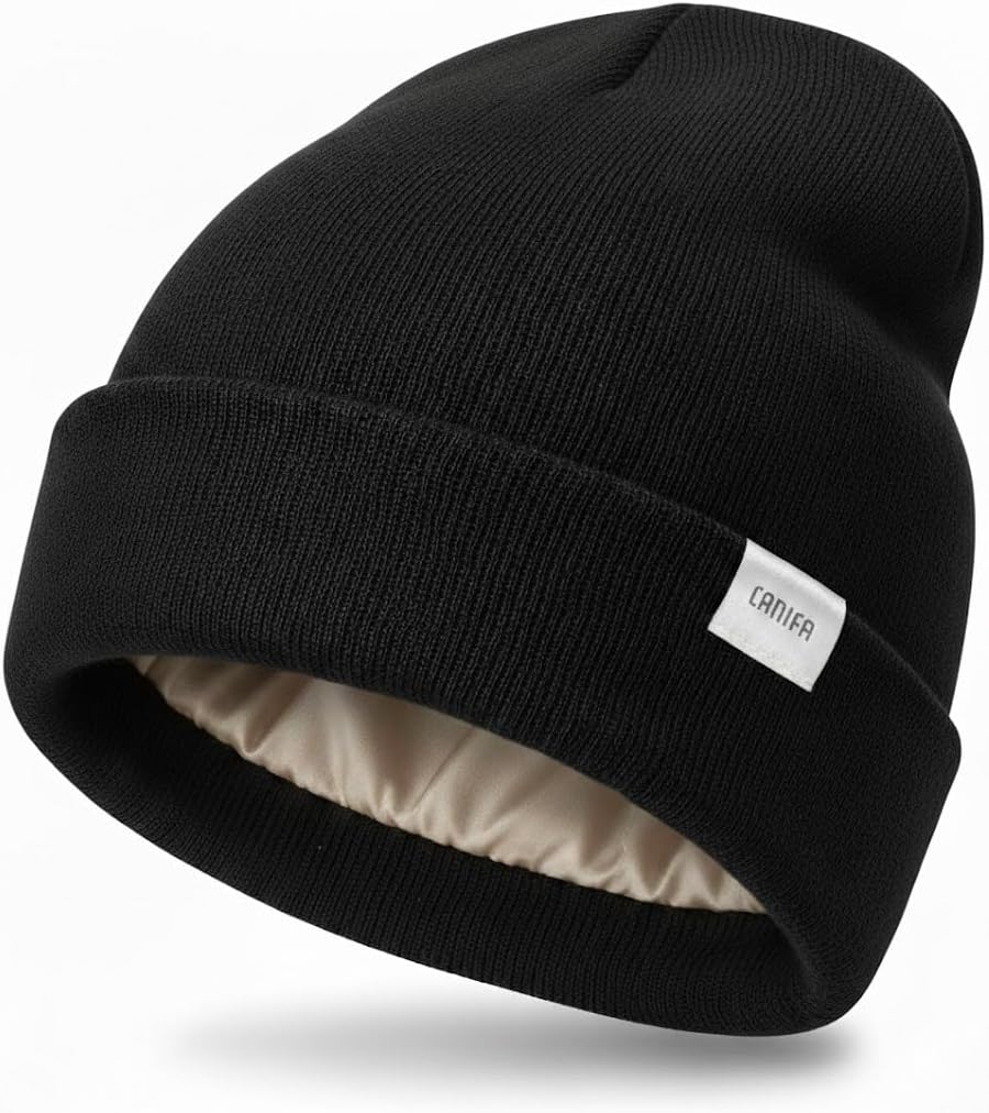 Satin Lined Beanie for Women Men, 3-Layer Warm Slouchy Winter Hat, Valentines Day Gifts for Him Her, Gift Box Card Included