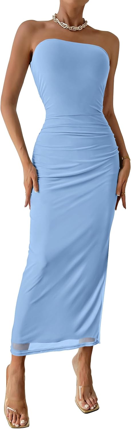 PRETTYGARDEN Women's Summer Maxi Bodycon Dresses Strapless Tube Top Printed Long Party Club Slit Dress Solid Light Blue Small