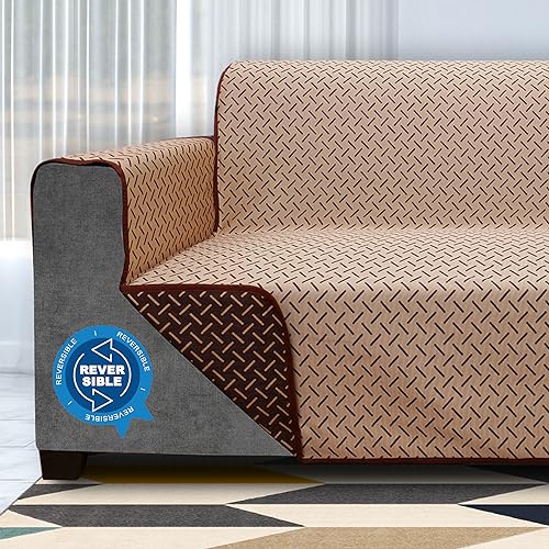 Image of DREAM KING 3 Layers 300 GSM Waterproof Reversible Sofa Cover Single Seater with Pockets | Dust Protective Soft Fabric Sofa Seat Cover Coffee & Beige