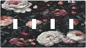 Decorative Light Switch Cover Plate Rustic Big Pink Flowers White Peony Floral 4 Gang Wall Plate Oversized Quad Toggle Switch Cover Plate Jumbo Faceplate for Home Decor
