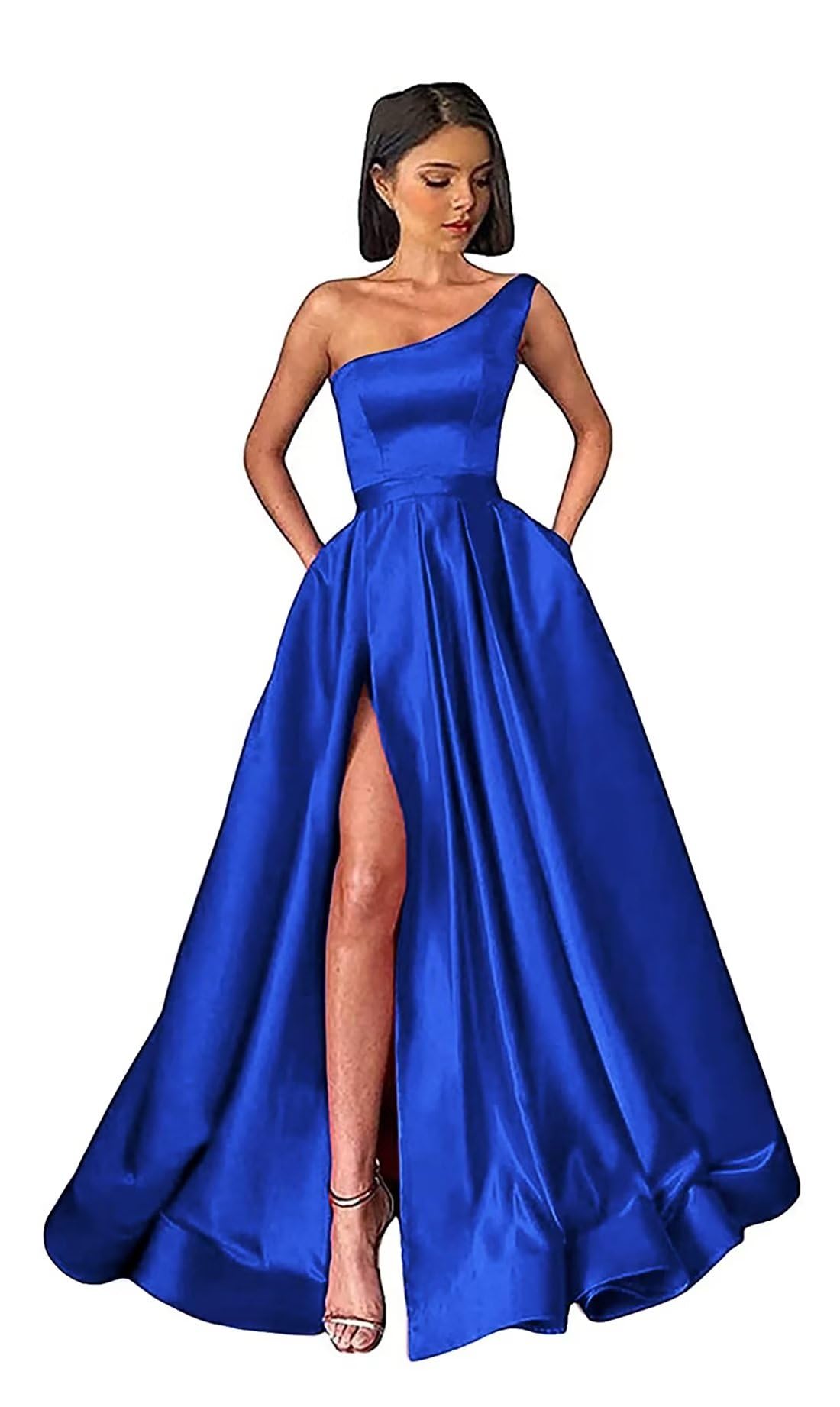 MildApril Women's Prom Dress Long with Pockets One Shoulder Satin Bridesmaid Dress A line Formal Party Gown