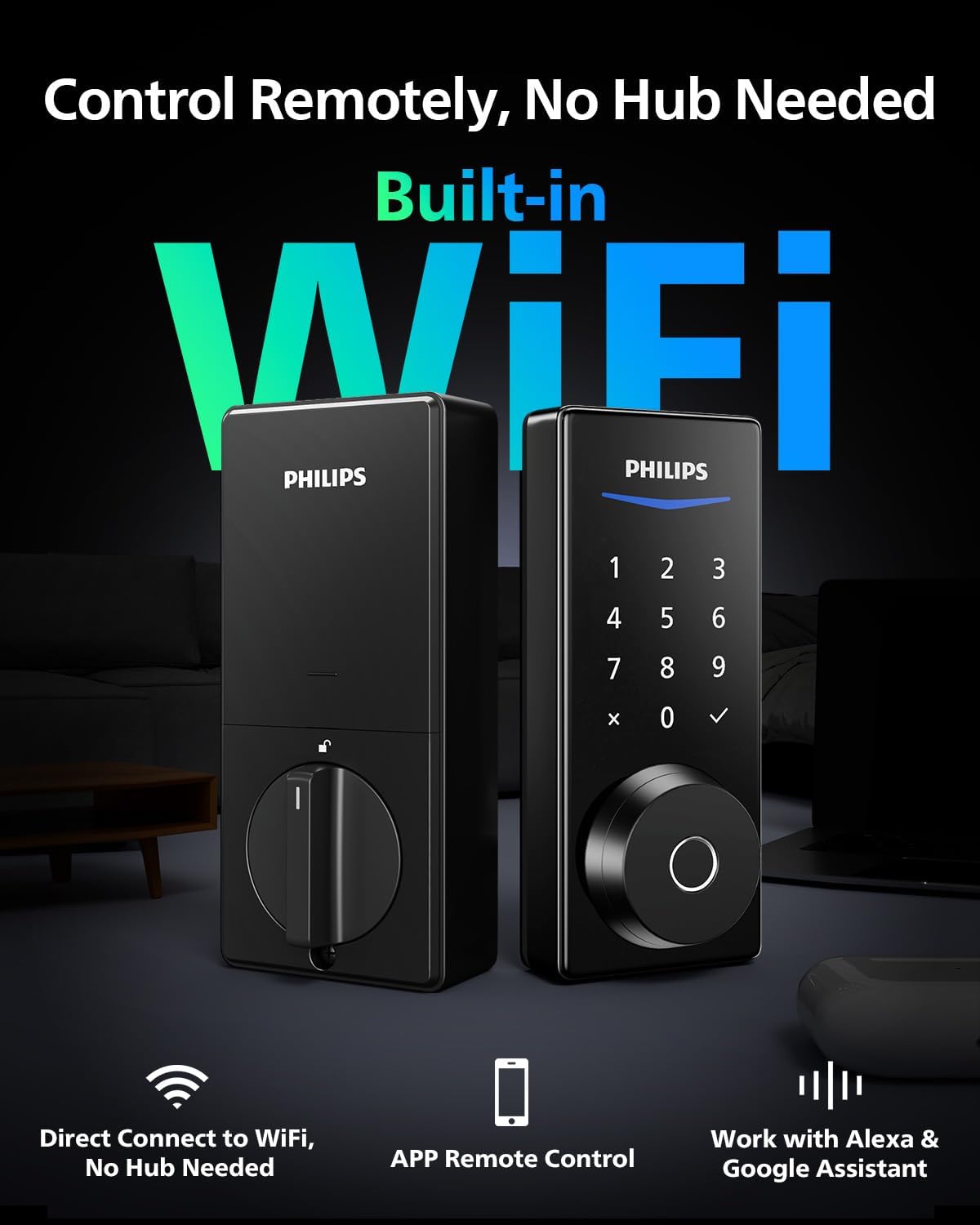 Philips Built-in Wi-Fi Smart Door Lock with Touch Panel, Keyless Entry Deadbolt, Compatible with Alexa & Google Assistant, Remote APP Control, Fingerprint & Passcode Unlock, Auto Lock - 2