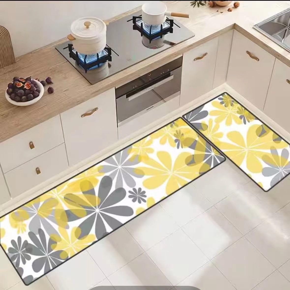 HomeCloud Rubber Kitchen rectangular Mats for Floor Set of 2 Pcs|Non-Skid, Soft Absorbent Rugs for Kitchen, Laundry, and Hallway|120x40cm, 40x60cm| 4mm Thickness (Yellow Flower)-image-4