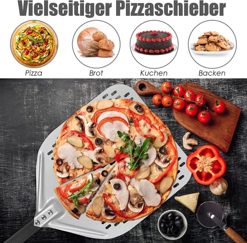 Foto von CRROEL Perforierter Pizzaschieber, 12 Zoll Perforiert Pizzaschaufel aus Hart Eloxiertes Aluminium mit Verbrühungshemmend Griff, Pizzaheber für hausgemachte Pizza,Brot,Kuchen