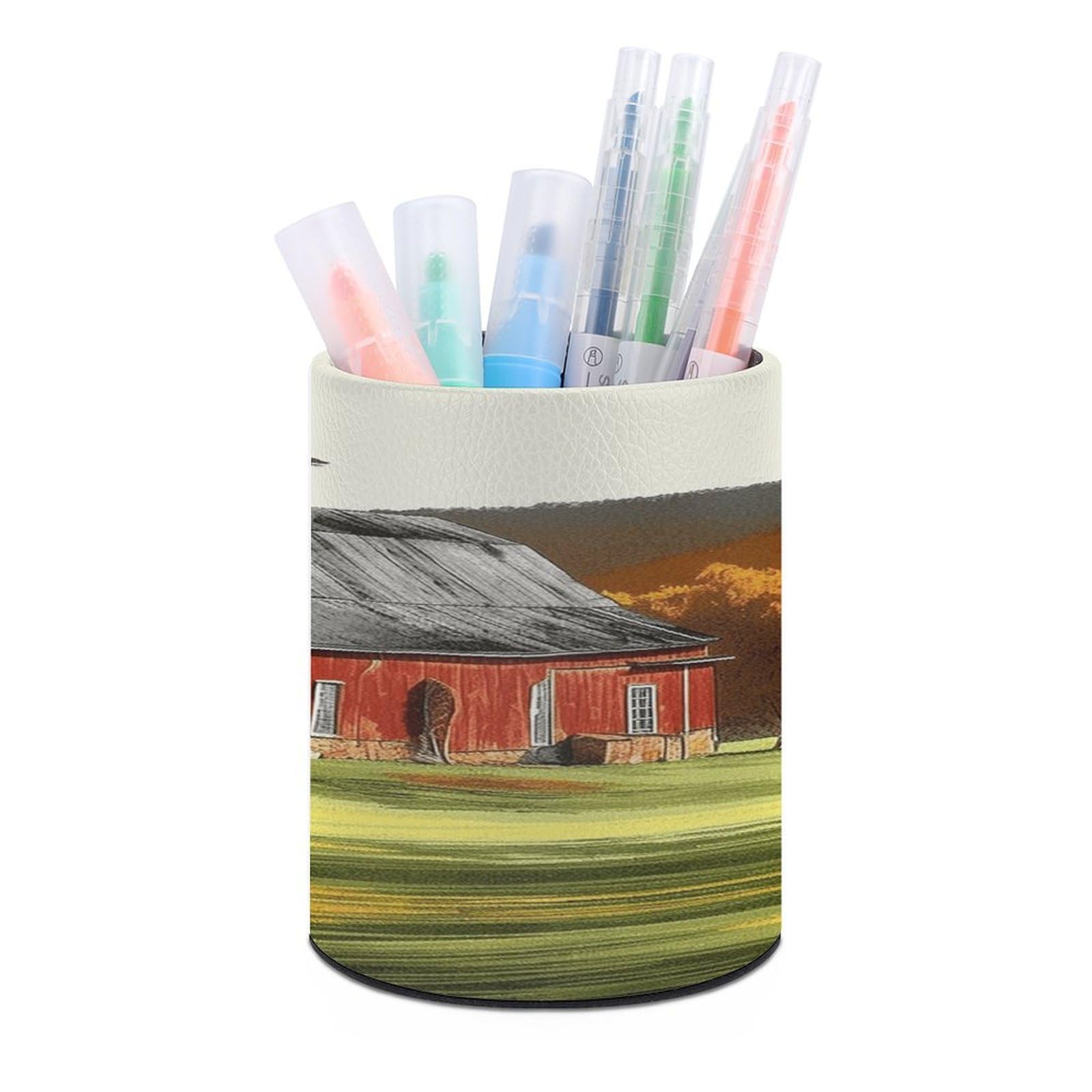 VstaDank Barn Pen Holder PU Leather Pencil Cup Minimalist Desk Pencil Holder Round Make Up Brush Organizers For Office Dorm Room&Vanity Desk Accessories