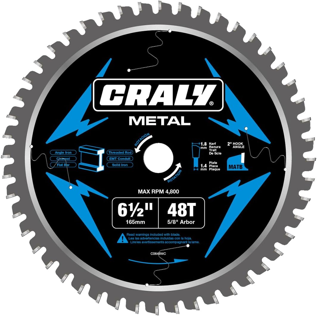 - 6-1/2 Inch 48 Teeth Steel and Ferrous Metal Cutting Circular Saw Blade, 5/8 Inch Arbor, Thin Kerf, Professional Carbide Tipped Blade for Angle Iron, Threaded Rod, EMT Conduit(C0648MC)