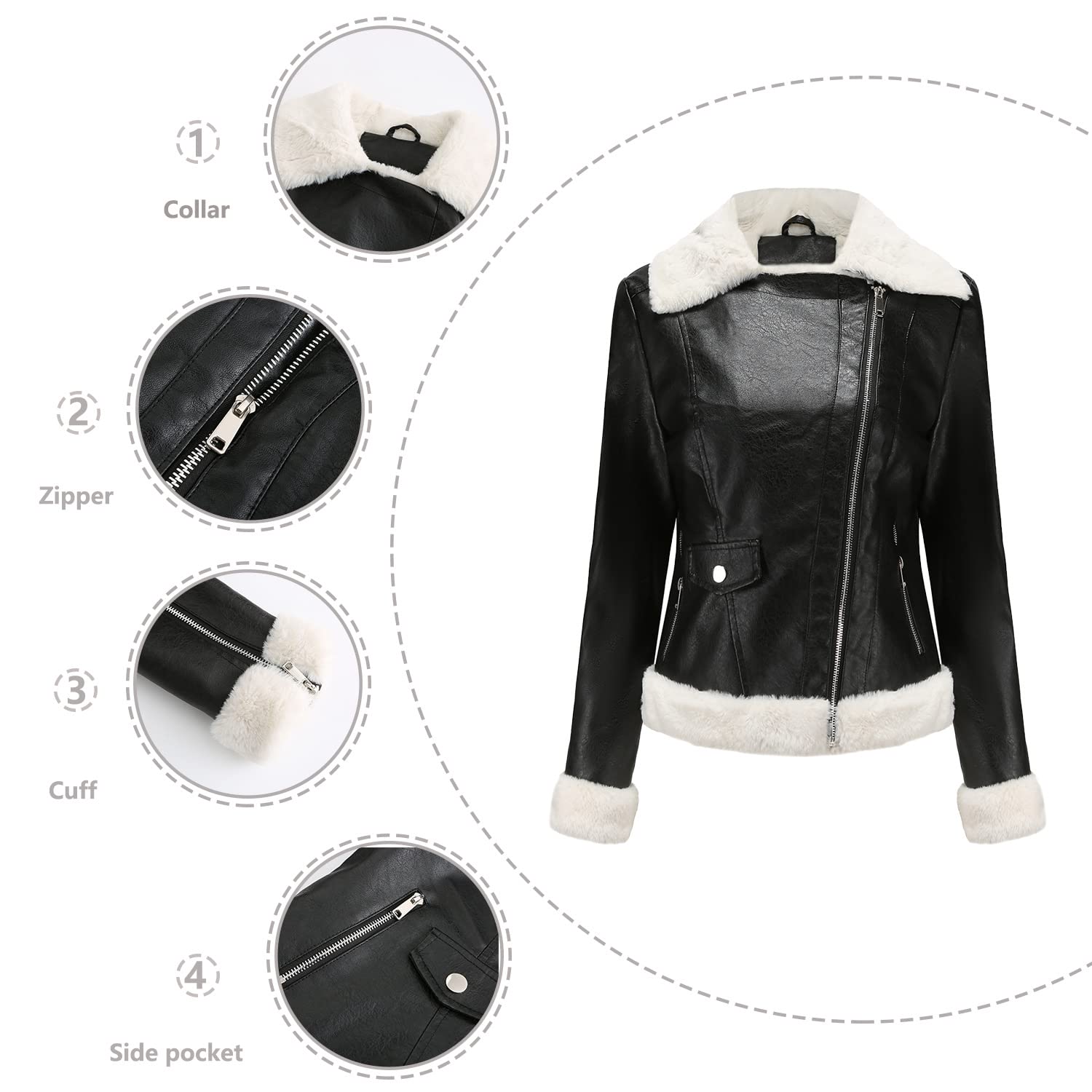 AQQYA Damski płaszcz Sherpa Moto ze sztucznej skóry, płaszcz Rancher Aviator