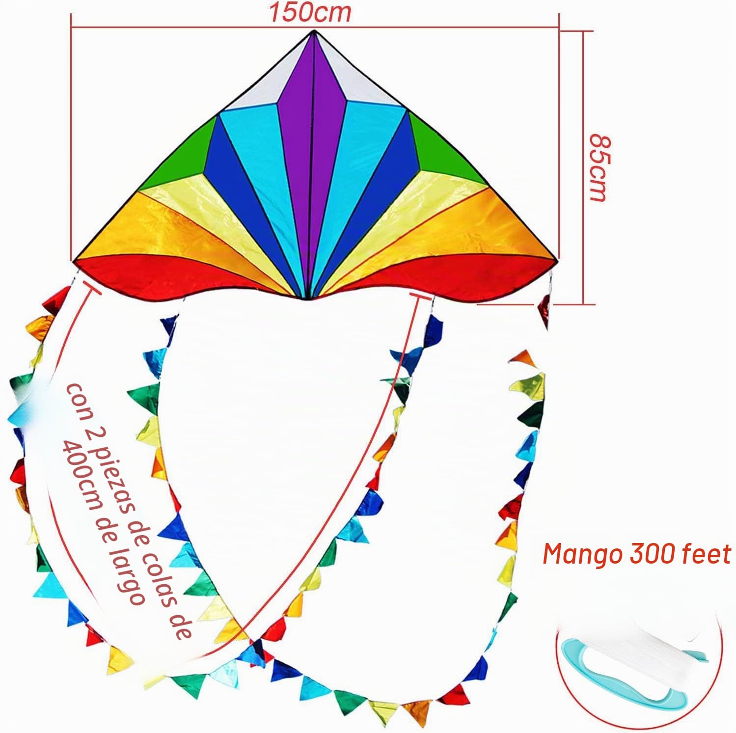 HONBO Cometa infantil grande delta Kites para niños y adultos para juegos de playa, perfecto para principiantes, línea de cuerdas con juguetes fáciles de volar con cola de colores