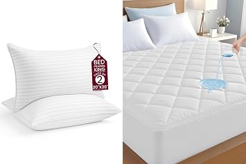 LUX Decor Bed Pillows Set of 2 + Waterproof Terry Mattress Protector Hotel Collection Down Alternative Pillows with Soft, Breathable, Noiseless Terry Cloth Mattress Cover
