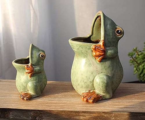 Miniatura 4 de 123Arts Paquete de 2 macetas de cerámica con forma de rana, macetas suculentas retro, adorno de escritorio