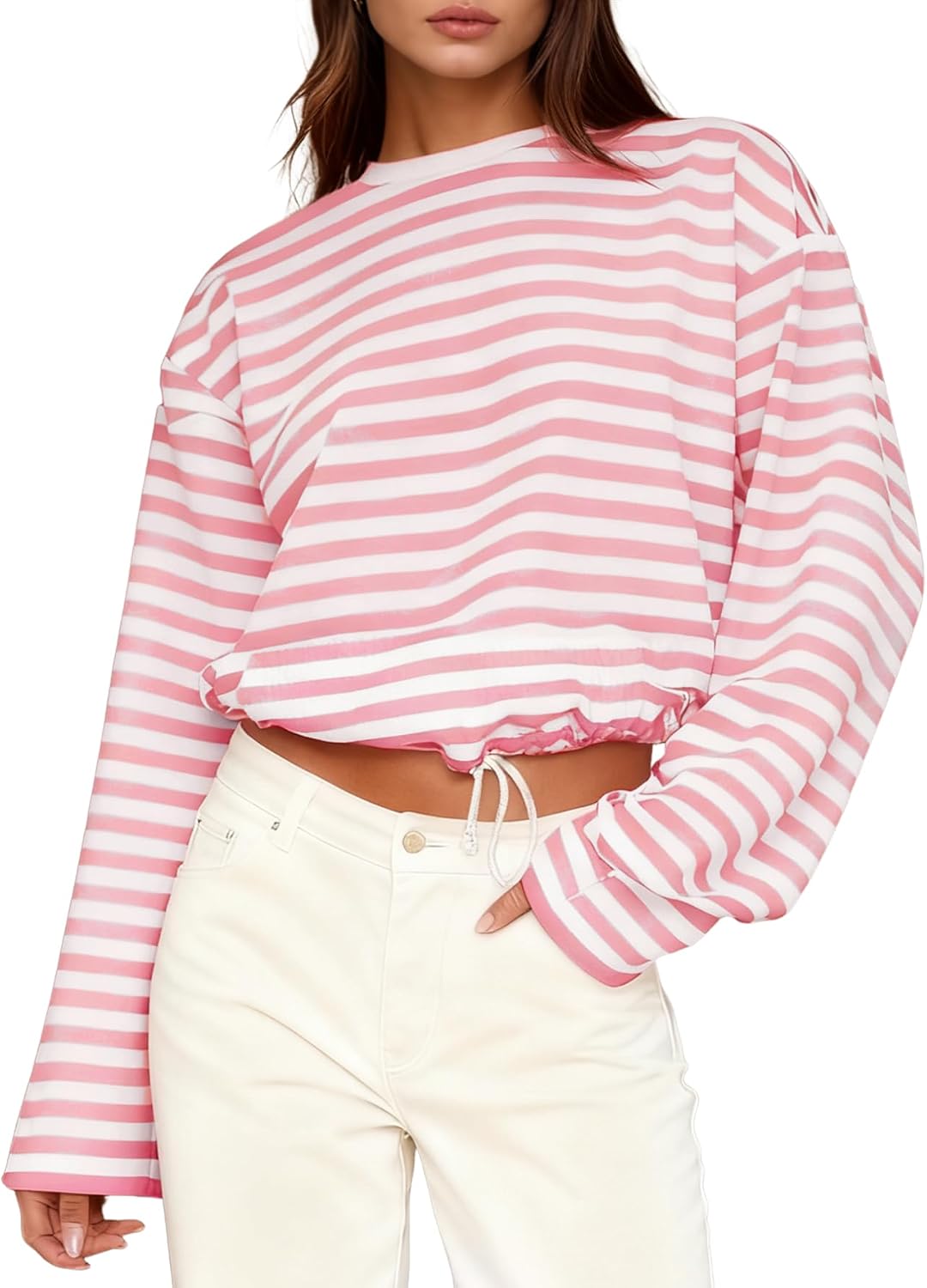 MONCCIZA Womens Long Sleeve Sweatshirt Oversized Striped Crewneck Pullover Going Out Crop Tops Casual Outfits