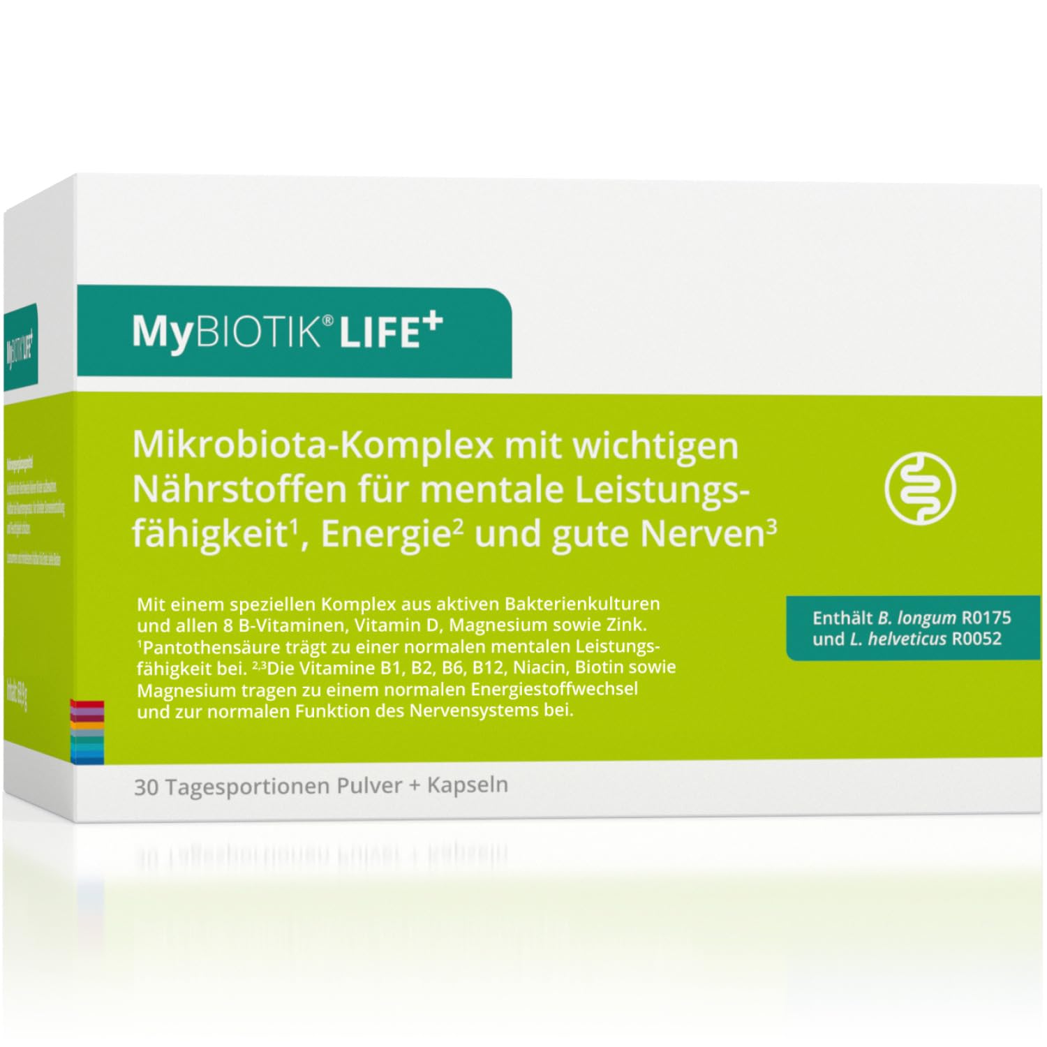 MyBIOTIK®LIFE+ I nutrimmun I 30 Tage I Bakterienkulturen B. longum R0175+L. helveticus R0052 I B-Vit. I Vit. D I Magnesium I Zink I Pulver+Kaps. I Vegetarisch I Glutenfrei I Laktosefrei I Laborgeprüft