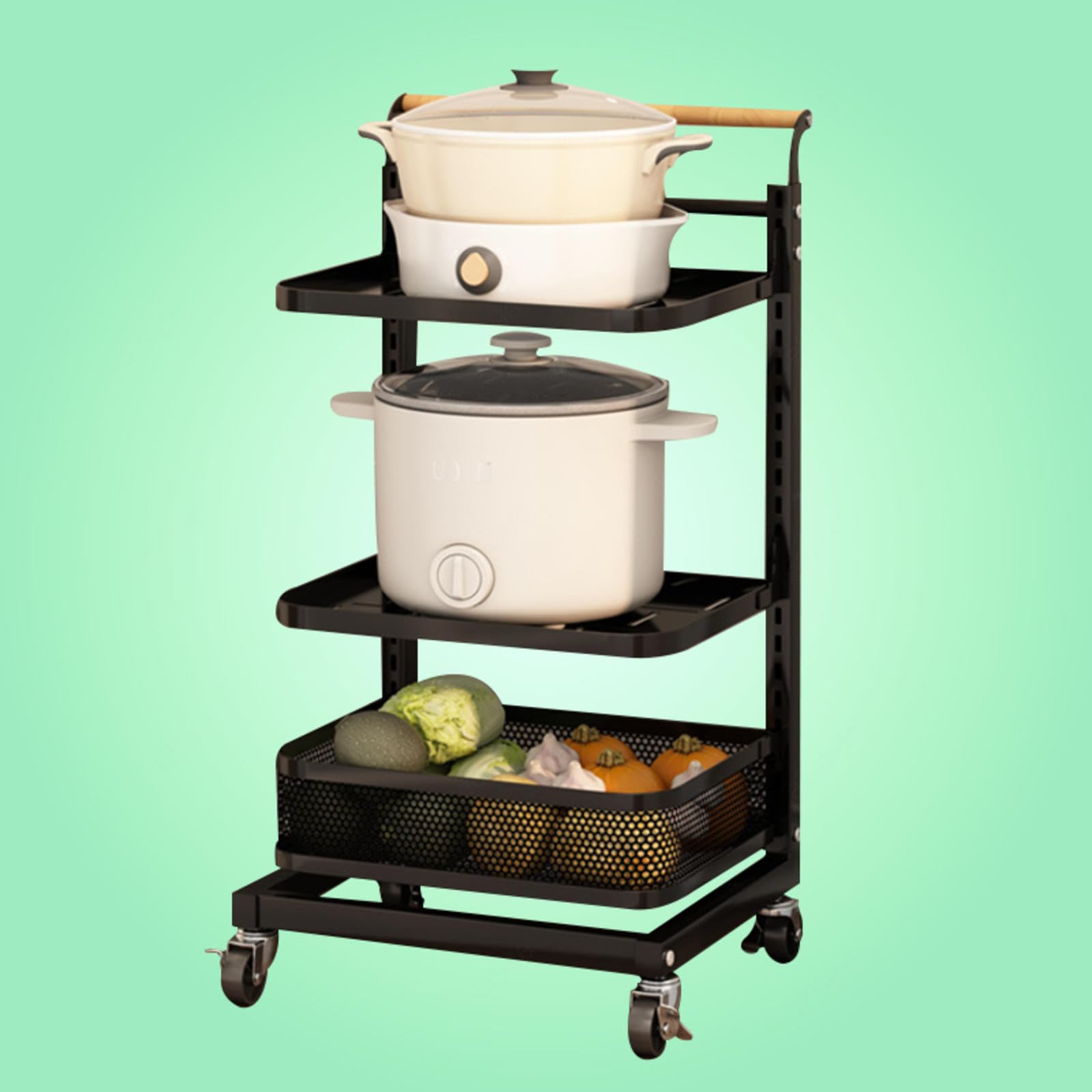 Soporte extensible para sartenes de cocina, protectores de almacenamiento de sartenes, soportes de tapa de esquina para ollas y sartenes, color negro, juego de 3 tablas y 1 cesta