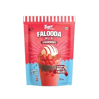 Tiger Strawberry Falooda Mix – Instant Strawberry Flavoured Dessert Mix | Rich, Smooth & Creamy Texture | Includes Nuts & Jellies | Authentic & Refreshing Taste | 100% Vegetarian | 250 g Pouch