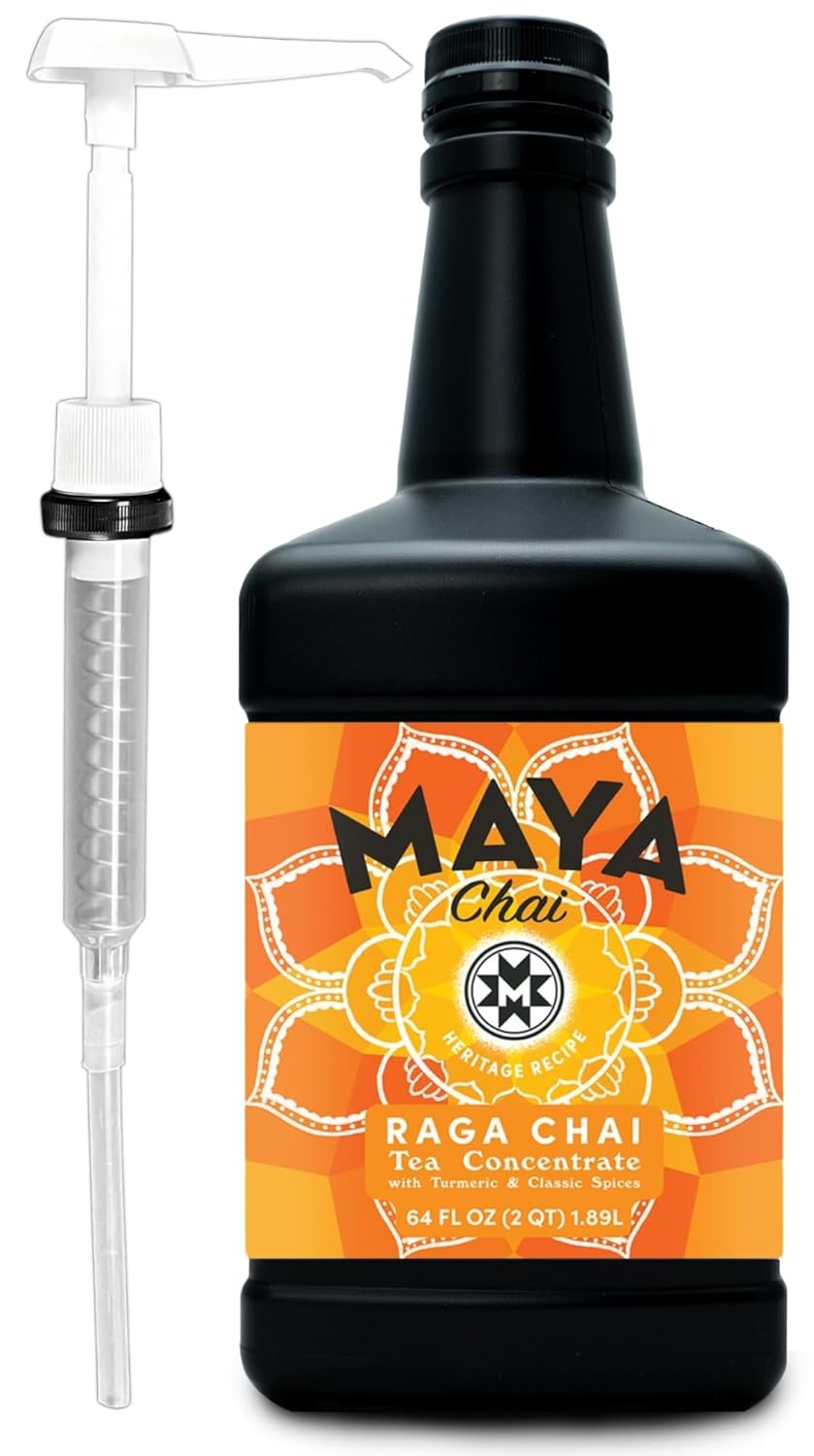 Maya Tea Raga Chai Tea Concentrate, Turmeric Spiced Herbal Blend, No Caffeine, 64 oz Bottle with Pump, 64 Servings