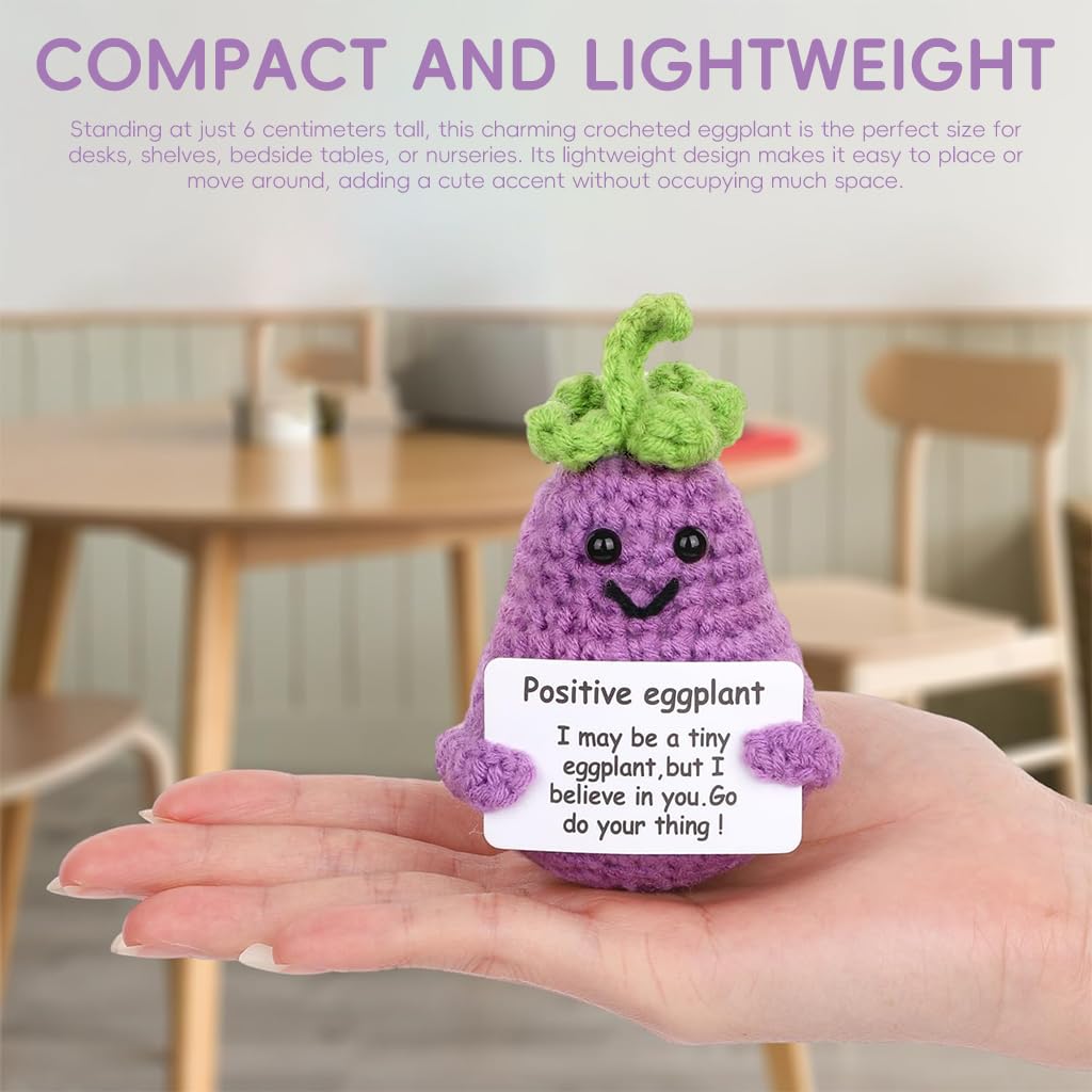Zibuyu® Handmade Crochet Eggplant Toy Desk Decor with Positive Message Card 3