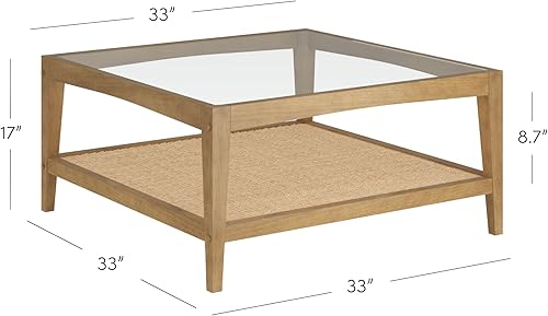 Miniatura 22 de Nathan James Asher Mid-Century - Mesa auxiliar rectangular, parte superior de cristal, estante de almacenamiento de roble rústico con patas de metal