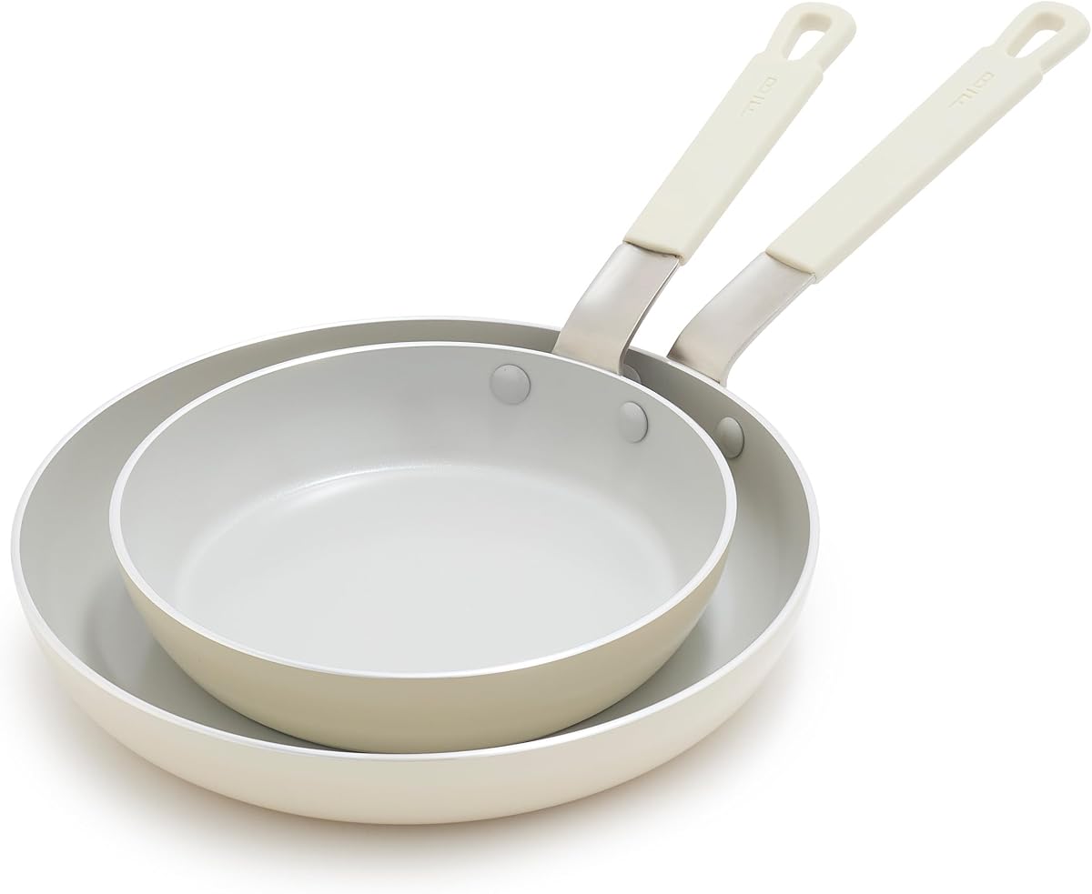 GreenPan x Bobby Flay 2 Piece (8"&10") Ceramic Nonstick Skillet Set, Cream | PFAS-Free Nonstick, Frying Pan with Glass Lid, Induction Ready, All Stovetop Compatible, Dishwasher and Oven Safe up to 600F