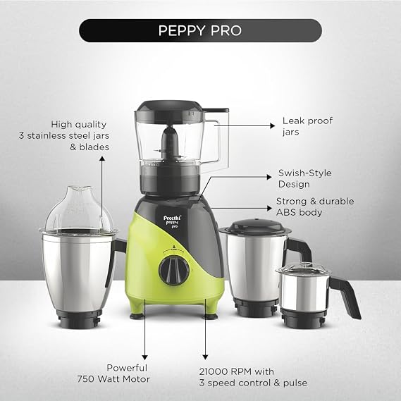 Preethi Peppy Pro MG 247 Mixer Grinder 750 Watts with 3 Jars & Unique Rapid 10 Chopping Jar (Indian Plug)