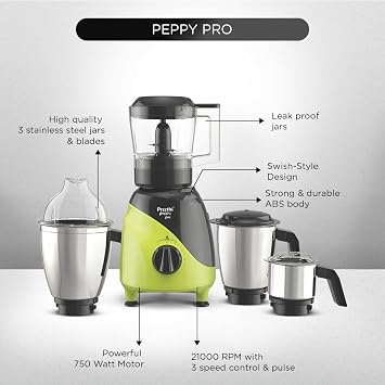 Preethi Peppy Pro MG 247 Mixer Grinder 750 Watts with 3 Jars & Unique Rapid 10 Chopping Jar (Indian Plug)