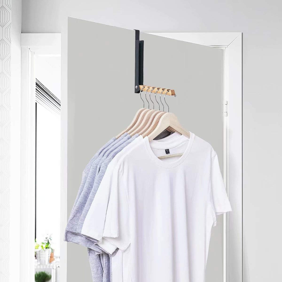 ELONG HOME Over Door Hanger for Clothes 2 Pack, Magnetic Folding Clothes Hook Organizer with 6 Slots, Space Saving Coat Rack, Fits The Door Up to 1.57" Thickness, Black Natural
