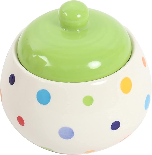 Laeto House and Home Colourful Hand Painted Rainbow Polka Dot Ceramic Sugar Bowl with Lid