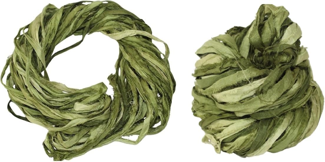 KnitSilk Brand - Super Bulky Recycled Sari Silk Ribbon Yarn in Olive Ombre | 50 GMS - 30 Yards | Duppioni Silk Ribbon (Pack of 1)