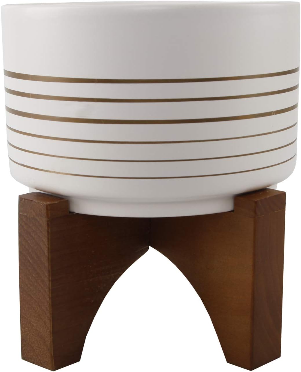 Flora Bunda Mid Century Ceramic Planter on Wood Stand 4.75 inch White with Gold Line for Succulent Desktop Indoor Use 5.5 x 5.5 x 5.75