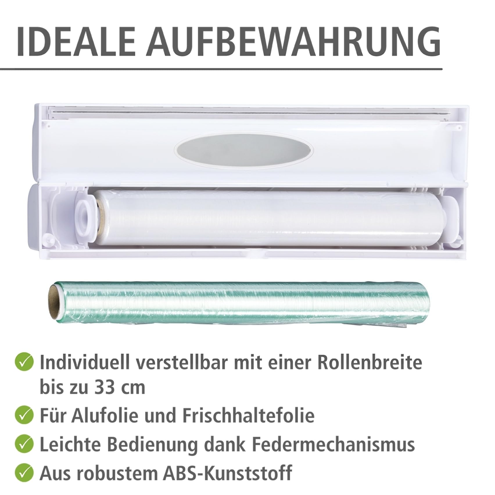 Wenko 86674100 Dispenser di pellicola alimentare Perfect Cutter plastica 41.5 x 8.0 x 6.5 cm, Plastica, Bianco, 38 x 5.2 x 6.7 cm