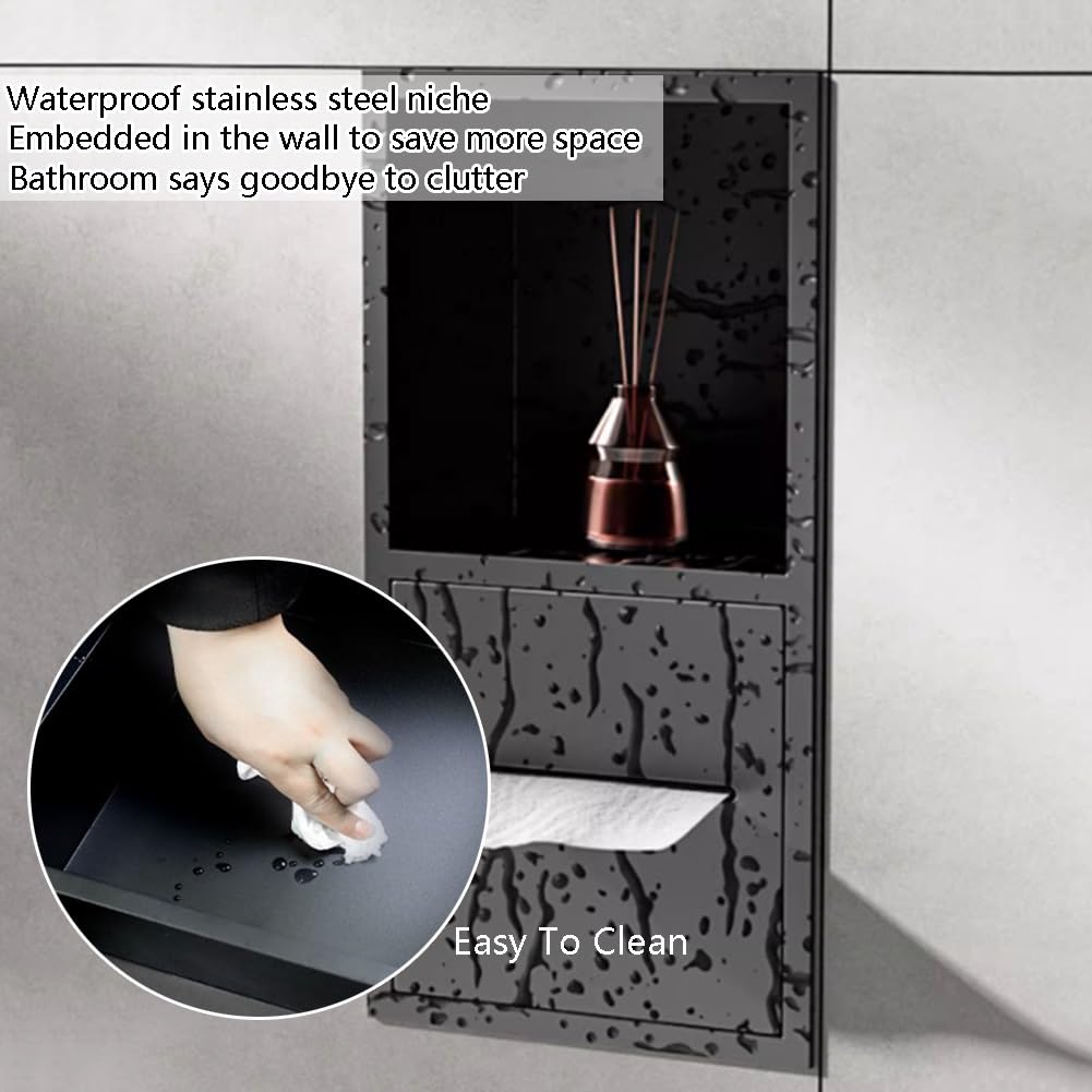 Doccia in acciaio inox con porta rimovibile e ripiano integrato per vasca da bagno, 20 x 20 x 12,5 cm, ideale per bagno bagnato e rinnovamento WC singolo, finitura nera, grigio - 20 x 20 x 12,5